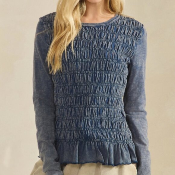 SF22 Navy or Pink Sage&Fig Smocked Peplum Long Sleeve Top - Picture 2 of 5